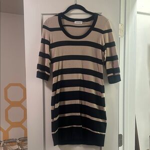 Calvin Klein Black and Tan Striped Long Sleeve Dress